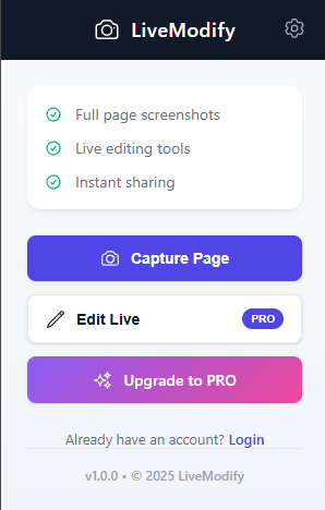 LiveModify Chrome extension popup